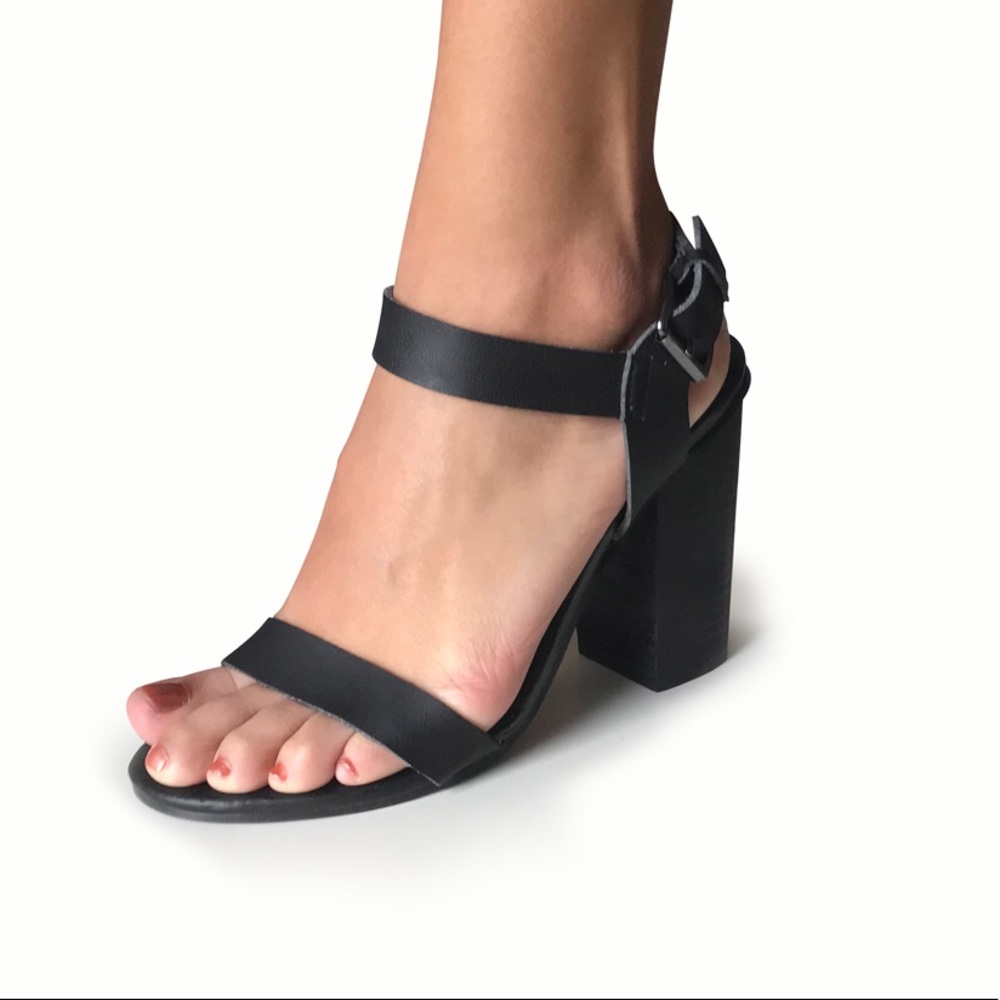 UO Vegan Leather Black Ankle Strap Sandal Heels